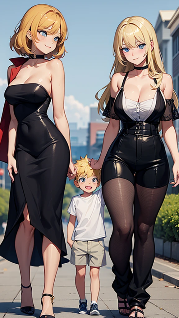 two sexy women walking and looking down at 4  boy with blonde hair and shorts, women touch boy's head, women have flirtatious smiles, women have various hair colors