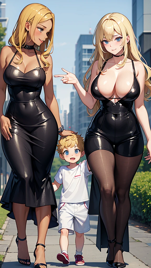 two sexy women walking and looking down at 4 years old boy with blonde hair and shorts, women touch boy's head, women have flirtatious smiles, women have various hair colors