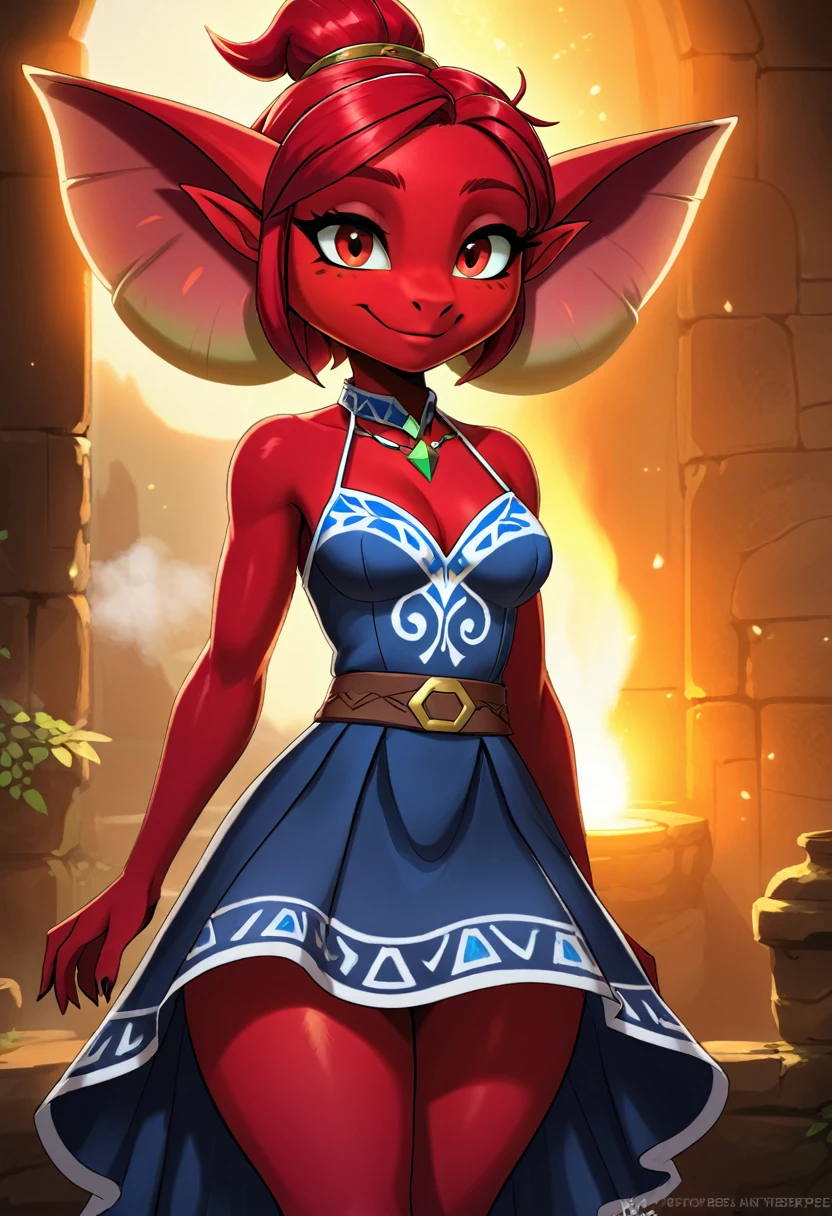 Create an illustrated, hand-drawn, full-color masterpiece with warm lighting and shadows. Incorporate graphite shading, stencil marks, and airbrushed acrylic paint in the style of "Breath of the Wild." The image should feature a beautiful goblin woman with a humanoid, furry appearance and large ears shaped like those of an elephant. She has red skin, bright eyes, luscious thick fleshy lips, and a wide smile. Depict her with a perfect, symmetrical face and a curvy hourglass figure with . Her face, neck, and arms are covered in intricate blue tattoos, adding a mythic beauty to her. She is wearing a long, flowing, lacey dress with a high neck and long billowing skirts. The background should be detailed and sharp, adding to the overall high-resolution, best quality, and detailed art piece. Olivia Munn
