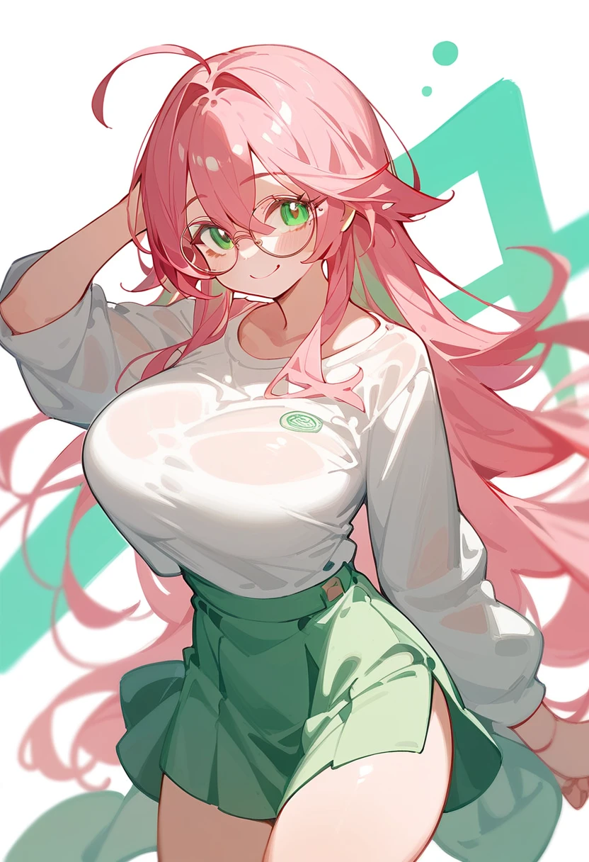 One Girl、Lori、Big Breasts、LoriBig Breasts、Pink Hair、Long Hair、Straight Hair、Ahoge、kind、Pink small glasses、Green Eyes、smile、Droopy eyes