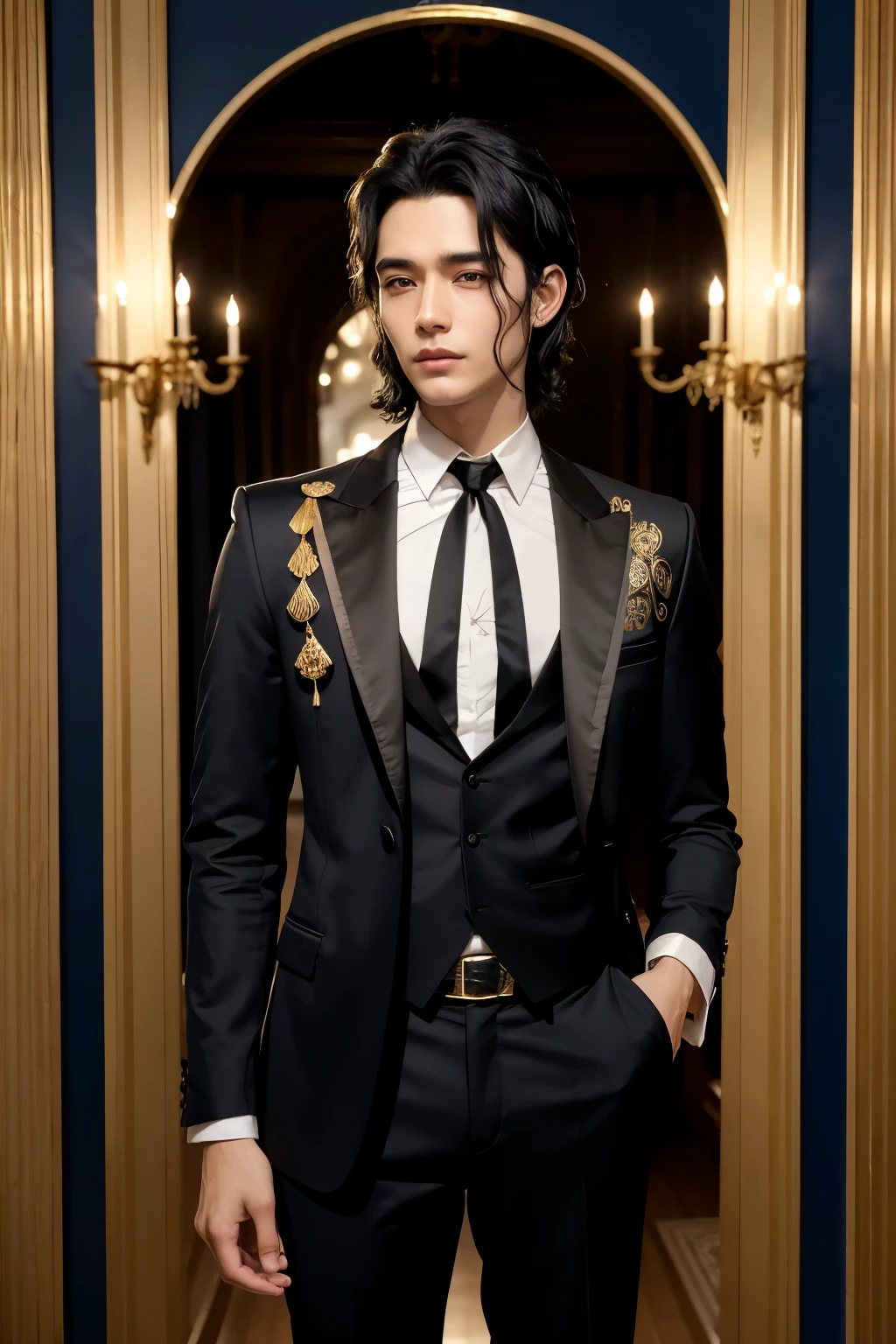 Fairy man, with wavy black hair, fair skin, scars on his back, thin hands with long fingers, body with lean muscles, has a tail like a lion, his face is angular, his eyes are black and shiny, he is tall, all its features are delicate. wearing modern and formal clothes with gold decorations