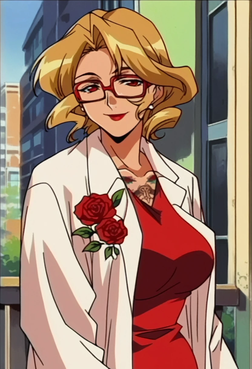 beautyful mature woman, Shion Karanomori based, blonde wavy hair, encorped body, red glasses, red lipstick, red low-cut dress, whole body roses tattoos, white jacket,in city, morning, milf, smile, red eyes, red big hat