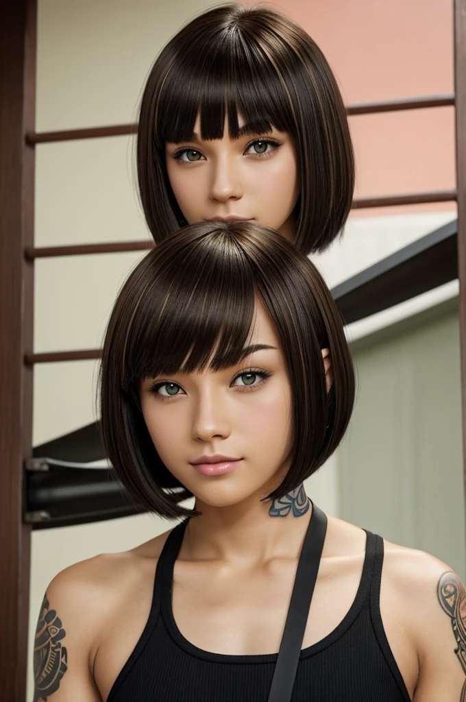 Create a blonde-haired trans man for piercing, a gay black haired man who loves rowing, a woman with brown hair and tattoos and Chinese eyes, a woman with brown hair and green eyes, a woman with black bob cut hair and bangs, anime style