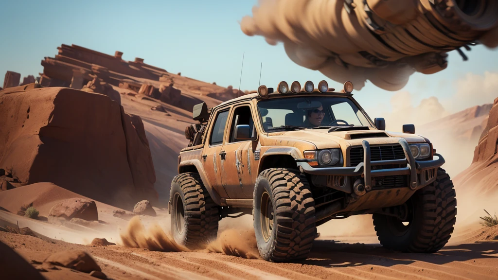 A powerful off-roader in the style of Mad Max