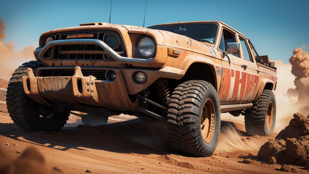 A powerful off-roader in the style of Mad Max