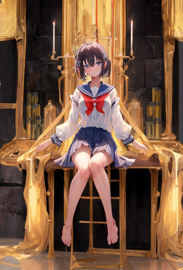 Unbelievably absurd, (Very detailed: 1.3), 8K, (masterpiece), (Highest quality: 1.4), (Ultra-high resolution: 1.2), (RAW Photos: 1.2), Very detailed背景, (ユニティ 8K 壁紙), Nogizaka Anime Girls,Transparency、Cute gestures、Narrow waist、Slim figure、Ruffled shirt、Sailor suit、Nipples are visible, No clothes、Sitting and spreading your crotch