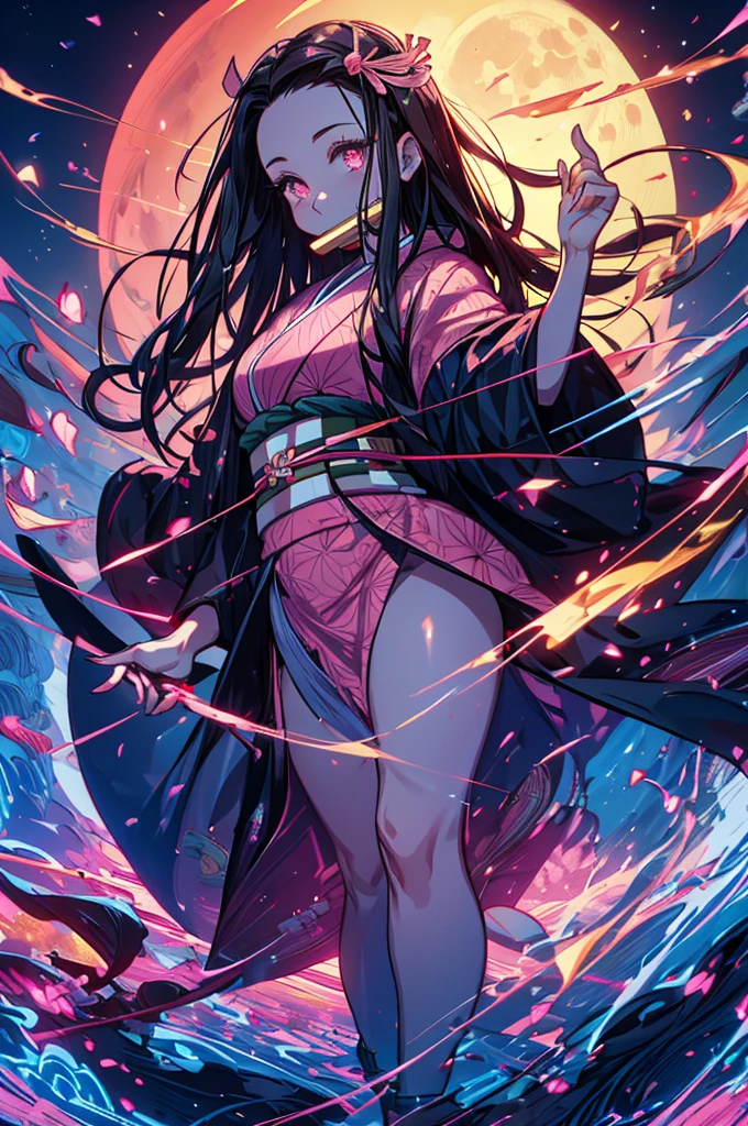 masterpiece, (pink kimono), seductive face, good lighting, low-cut, fine details, masterpiece, glowing eyes, 1girl, black hair, gag, Nezuko Kamado, old twon,night time,moon,masterpiece, best quality, POV, wide hips,