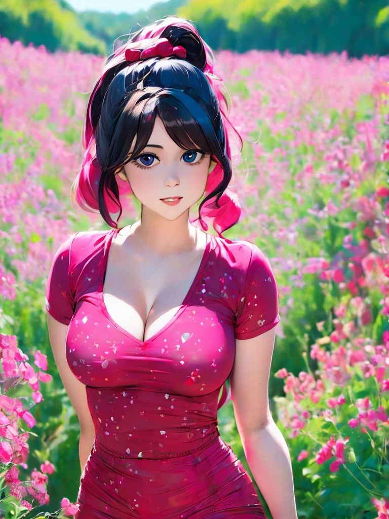 A girl in bold cherry colour dress with dark bold character no one dares to look into her eyes