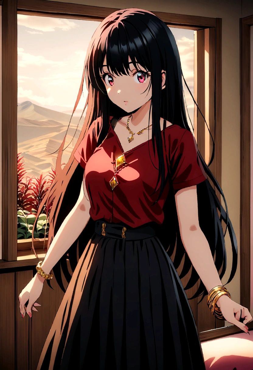 Generate an image of a beautiful girl wearing black skirt and red top, beautiful eyes, long hair till waist, red high hills, smiley face, necklace of dimond, bracelet of gold, skirt is smal, and waist is visible, red underwear is also clearly visible, black bra is visible through red top, girl in in home and no one is there, home background is white, image in 4k quality, sharpen, colour grading.