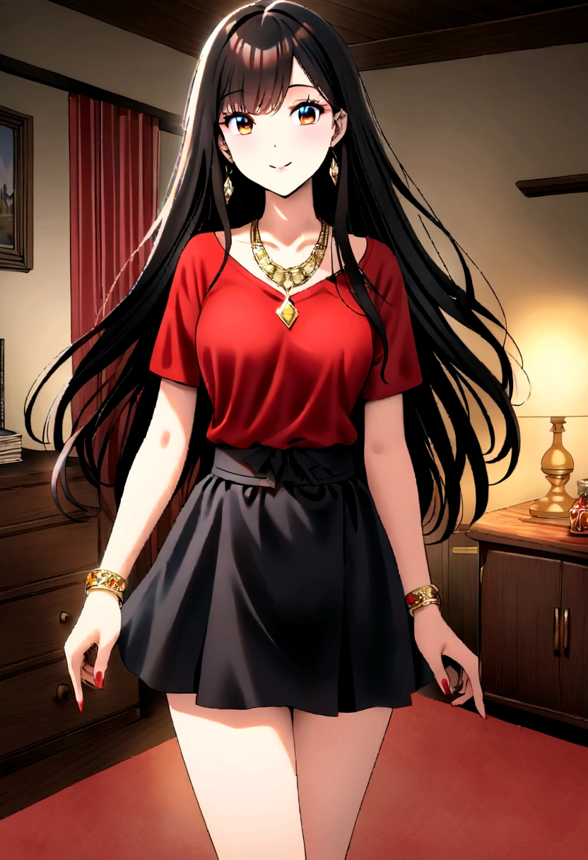 Generate an image of a beautiful girl wearing black skirt and red top, beautiful eyes, long hair till waist, red high hills, smiley face, necklace of dimond, bracelet of gold, skirt is smal, and waist is visible, red underwear is also clearly visible, black bra is visible through red top, girl in in home and no one is there, home background is white, image in 4k quality, sharpen, colour grading.