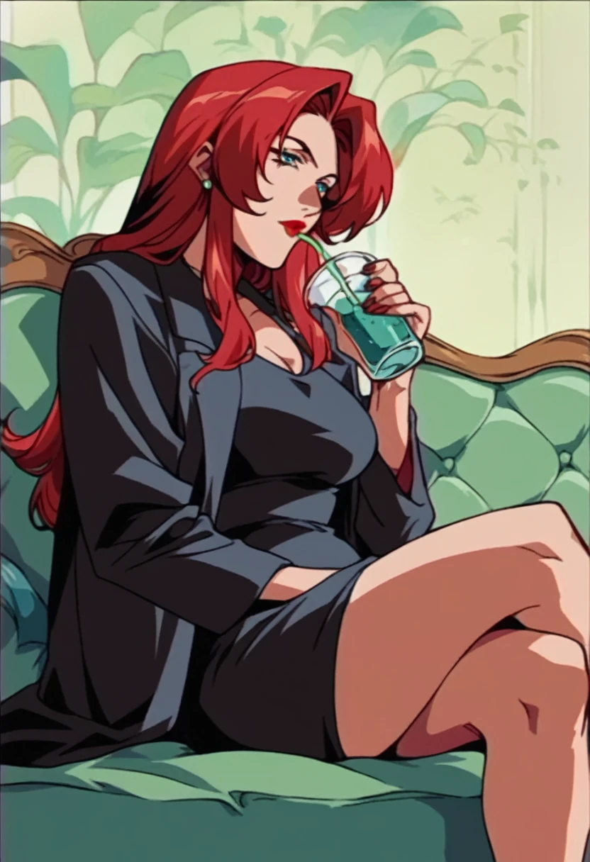 beautyful mature woman, black dress, black jacket, redhair, red hair, long hair, blue eyes, red lipstick, encorped body, sit in sofa, drinking wyne