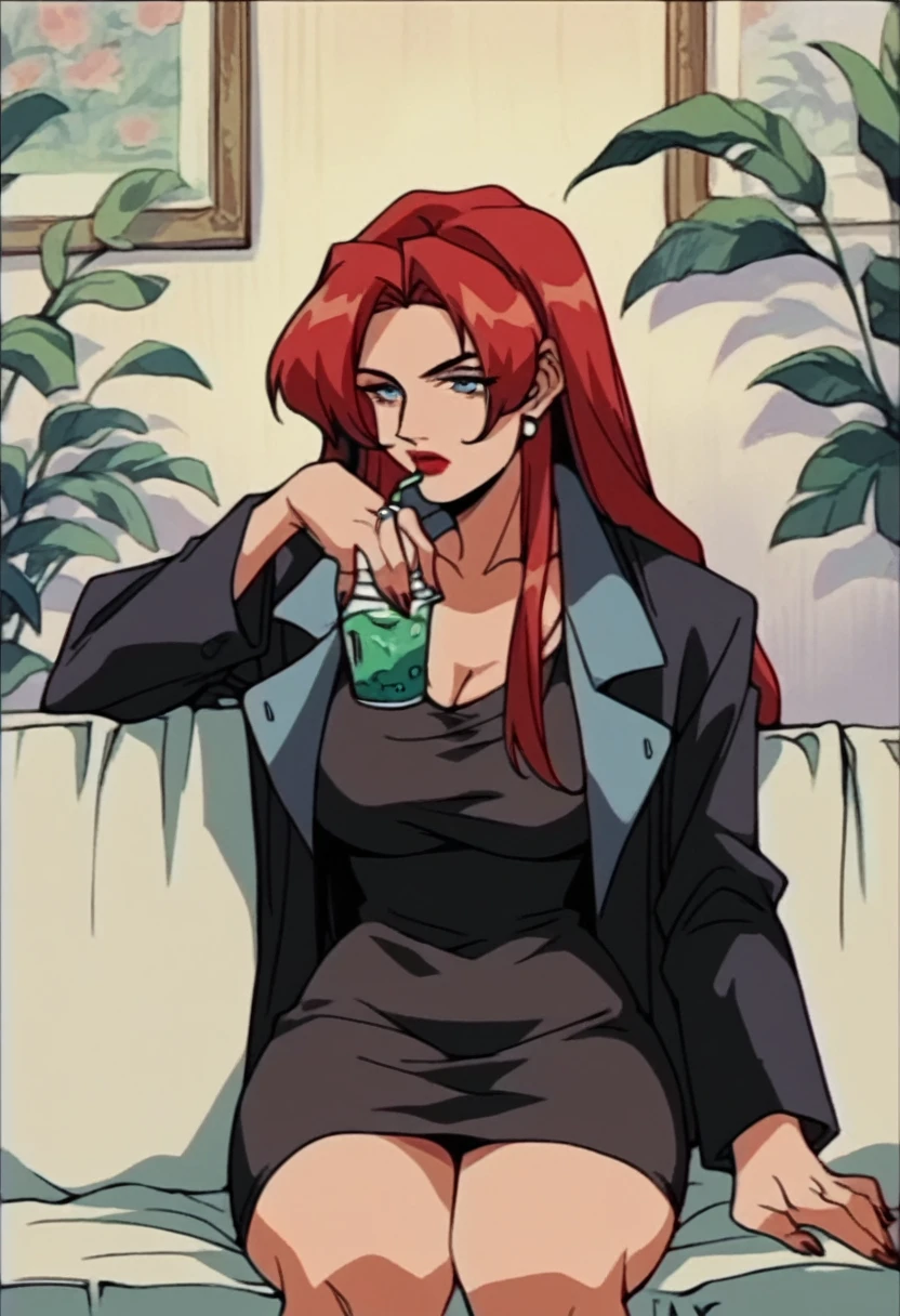 beautyful mature woman, black dress, black jacket, redhair, red hair, long hair, blue eyes, red lipstick, encorped body, sit in sofa, drinking wyne