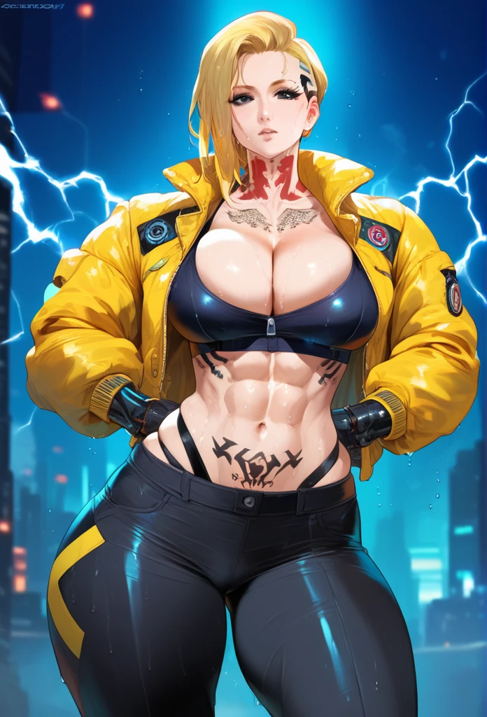 mixed_artwork style, cleavage, sweaty, 1 girl, standing alone, hands, (Better quality, 4k, Masterpiece :1.3), beautiful, hyper realistic, 1girl, attractive body :1.2, abs :1.1, (wet body :1.2), ultra-detailed face, Detailed Lips, detailed, Robotic arms, spotted body, defined body, black eyes, black and yellow eyeballs, Black tattoo, Yellow electricity through the arm, Long yellow hair, neck tattoo, cyborg, fighter, sweaty body, Fighter outfit, cyberpunk style, Wide hips, strong legs , military pants, neon jacket