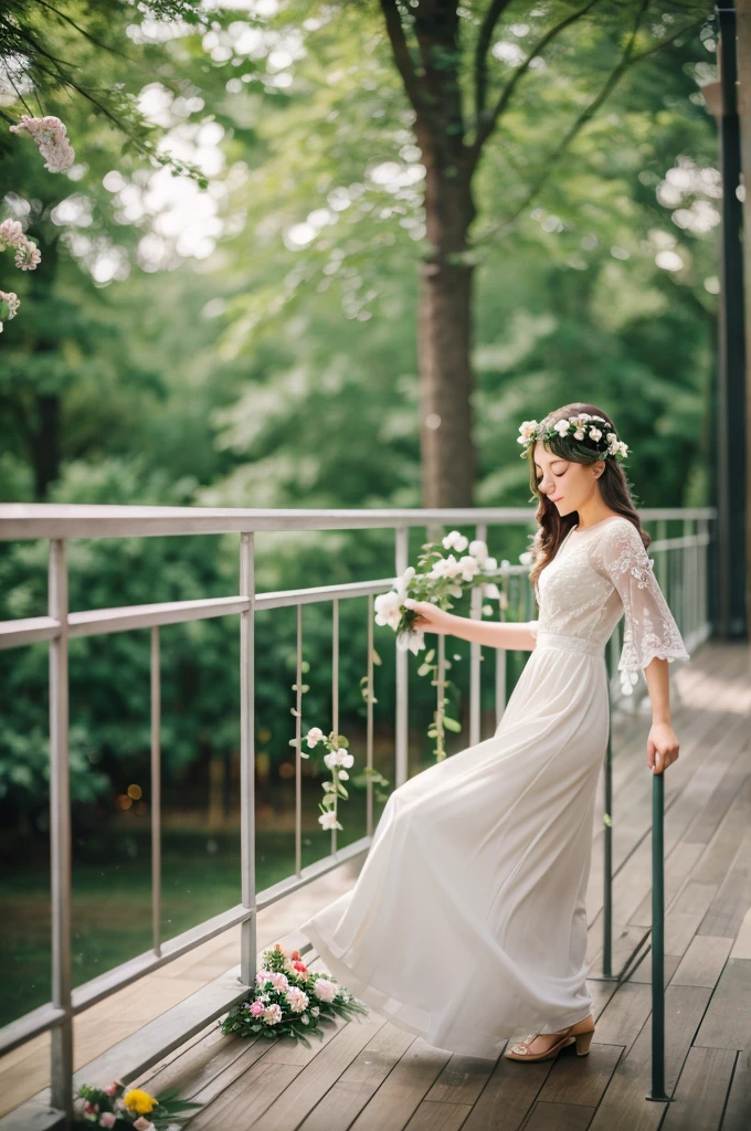 ( floor) (trees) (flowers railing )  ( bokeh blur ) 