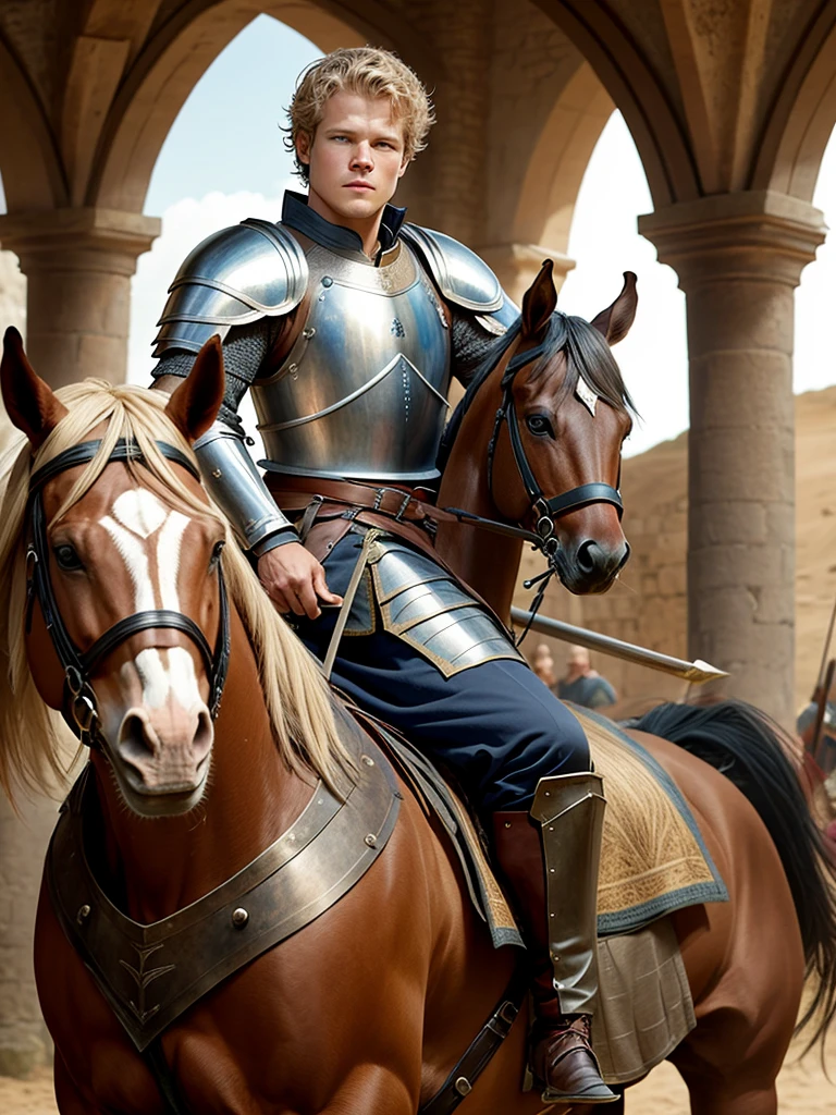 Christopher Egan as a handsome medieval knight in armor, without a helmet, on a horse, during a tournament