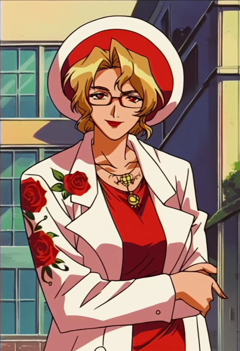 beautyful mature woman, Shion Karanomori based, blonde wavy hair, encorped body, red glasses, red lipstick, red low-cut dress, whole body roses tattoos, white jacket,in city, morning, milf, smile, red eyes, red big hat, crossed arms, golden large necklaces