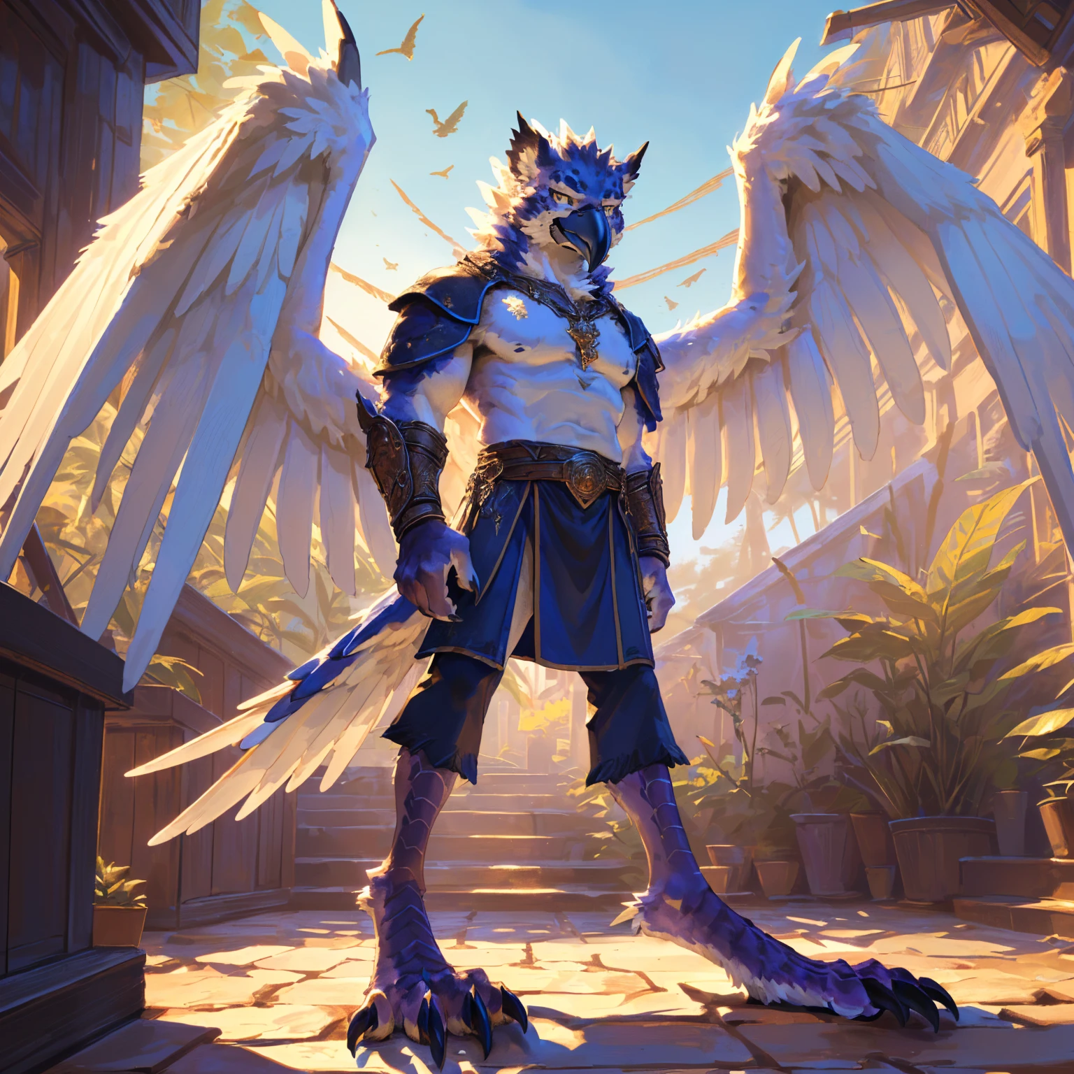 ((middle Ages:1.3)),【Sky background:1.6】,(Royal Family:1.2),((sunny:1.4)),high resolution,4K,【9:16 Whole body:1.1,posture:1.5】,masterpiece,high quality,((Griffin)),male,Furry,(teenager:1.3),hairy,((Fierce and vicious:1.4)),(((Lean:1.2,Big Wings:1.3,Bird claws子:1.3))),(((White upper body:1.4))),(((White Wings:1.3))),(((pupil:1.2))),(((Bird claws:1.3))),(((Long legs:1.3))),((No shirt,No underwear)),Exquisite eyes,Detailed body,Detailed claws,Detailed feet,Kenket's Art