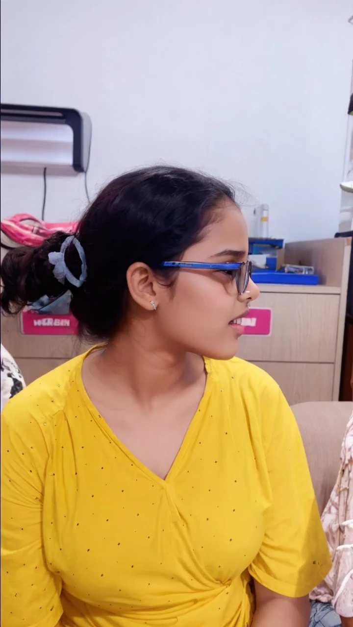 Generate a horny girl who looks innocent. She is an Indian girl and love to smoke. Se has a loud voice and always quale
