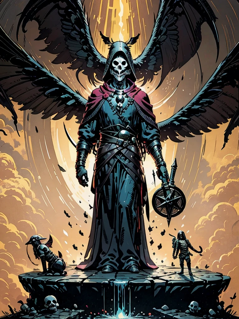 A scene in a dank dungeon setting. A tall dark being dressed in Plague Doctor attire is surrounded by ominous tools of his trade later out on a stone table. Lit by multiple candles placed throughout the dungeon. A large book opened to pages showing human skeletons. Dark fantasy, 80’s graphic novel style. Dark fantasy. Dramatic light. In the style ofFrank Frazetta,  Jim Lee, Mobius and Gerald Brom.