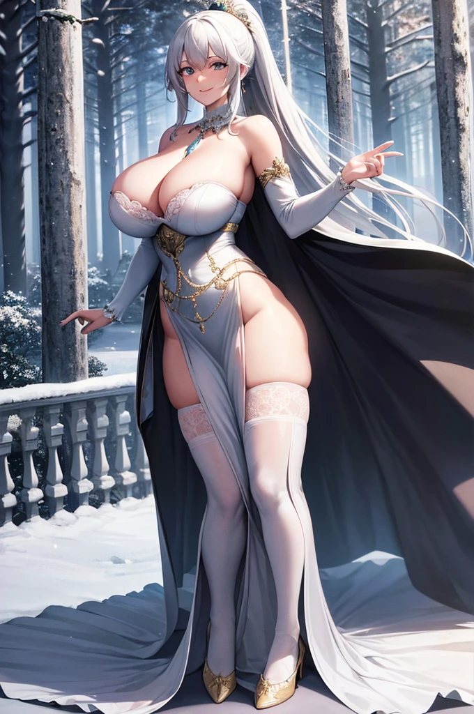 milf, 30 years old, (highres, masterpiece:1.2), white hair, robe, huge breasts, thick thighs, standing, pelvic curtain, thighhighs, v-neck, strapless dress, blue eyes, smile, long hair, layered dress, elaborate clothing, ponytail, snow, forest in background
