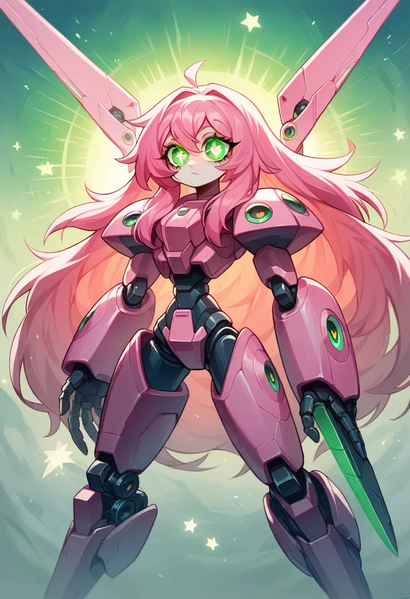 ((work of art))) whole body, whole body Shot (A girl) ((pink hair, long hair, slickedback hair, both sides up))), ((greeneyes))), ombre, eyeliner, glowing eye, Hyper-detailed eye, complex eyes, gorgeous eyes, detailedeyes, (((star-shaped pupils, bright pink pupils))) 13 year old girls. (wearing a transparent jacket made of PVC material)) huge cool weapon machine in hand, huge cool weapon machine, mecha, mechaanism, machine, open posture, coalescing naked