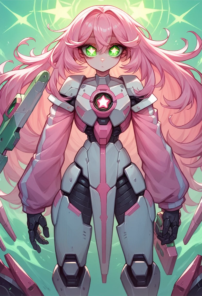((work of art))) whole body, whole body Shot (A girl) ((pink hair, long hair, slickedback hair, both sides up))), ((greeneyes))), ombre, eyeliner, glowing eye, Hyper-detailed eye, complex eyes, gorgeous eyes, detailedeyes, (((star-shaped pupils, bright pink pupils))) girls. (wearing a transparent jacket made of PVC material)) huge cool weapon machine in hand, huge cool weapon machine, mecha, mechaanism, machine, open posture, coalescing naked