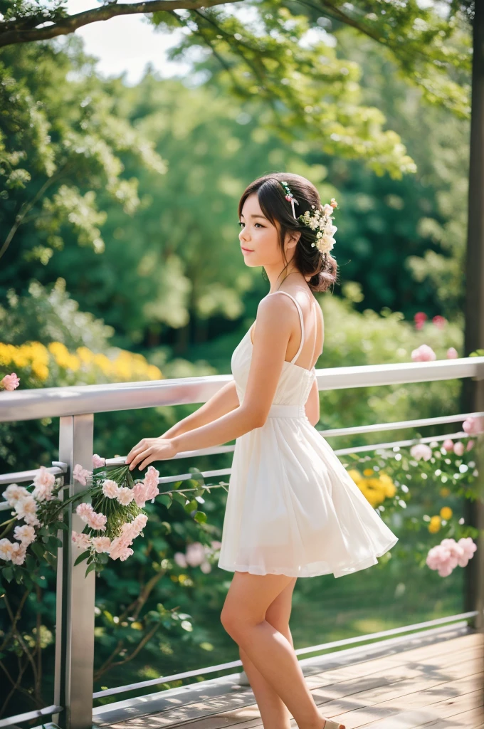 ( floor) (trees) (flowers railing )  ( bokeh blur ) 