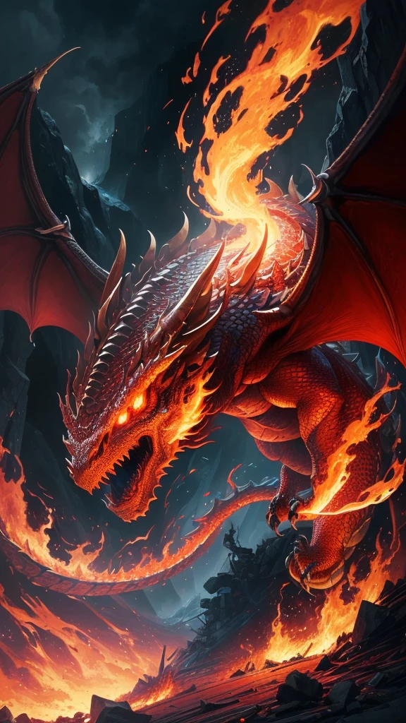 (best quality,16k,32k,highres,masterpiece:1.2),ultra-detailed,(realistic,photorealistic,photo-realistic:1.37),(The ultimate Orochi dragon) glowing red eyes realistic fire background of totally destroyed mountain alone looking at the camera serious expression.
