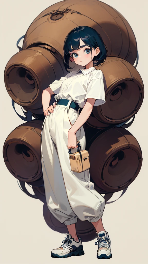 small girl with a round face, very large, detailed eyes, long eyelashes, hands on her waist, dressed in a very loose short-sleeved blouse with a bare abdomen, very watery cargo-style pants, wearing Jordan Dior style tennis shoes, 4K