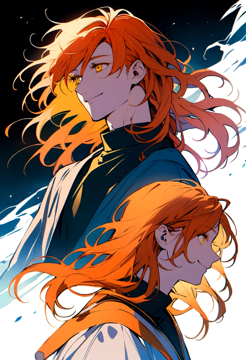 A handsome you man with messy orange hair,and golden eyes,has long eyelashes, gazing down lovingly with a smile,wearing modern clothes,the wind hitting his hair and clothes,full body,side view,3/4 view