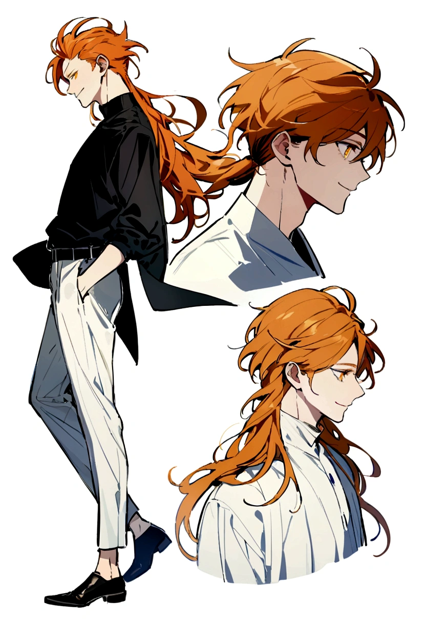 A handsome you man with messy orange hair,and golden eyes,has long eyelashes, gazing down lovingly with a smile,wearing modern clothes,the wind hitting his hair and clothes,full body,side view,3/4 view