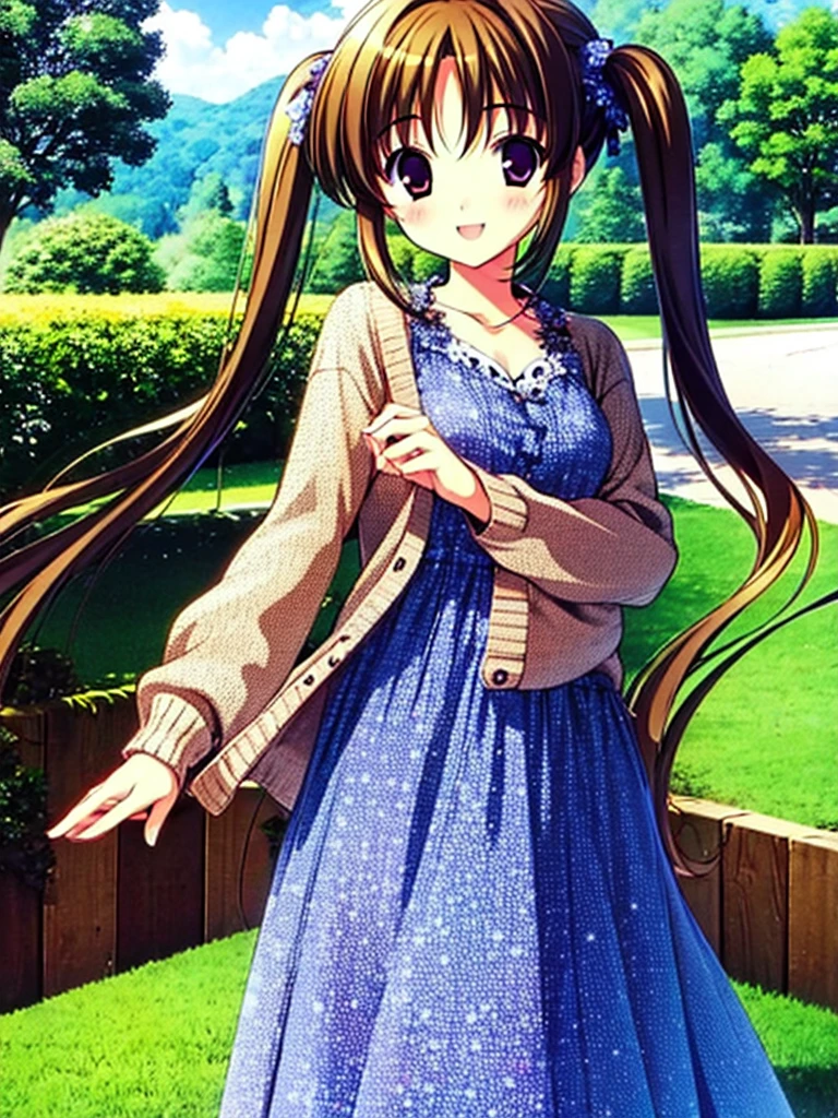 1 cute girl, brunette, twintails, looking at viewer, smiling, long sleeves, cute dress, cardigan, detailed eyes, official illustration, outdoors, standing