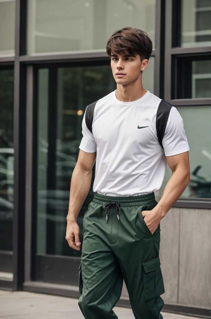 "A boy tall" + "He has brown hair" + "His hairstyle is a Fade Cut + long textured bangs finished in a peak" + "eyes a little wide" + "He has black eyes" + "He has an athletic physique and toned" "He has a white short-sleeved shirt" + "He wears an amber puffer jacket" + "He wears dark green baggy fit pants" + He has green and gray sneakers from the Nike brand"