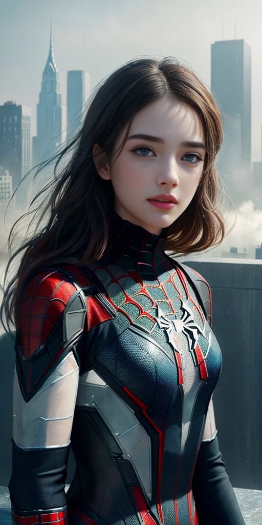 (1girl:1.3), Solo, (((Very detailed face)))), ((Very detailed eyes and face)))), Beautiful detail eyes, Body parts__, Official art, Unified 8k wallpaper, Super detailed, beautiful and beautiful, beautiful, masterpiece, best quality, original, masterpiece, super fine photo, best quality, super high resolution, realistic realism, sunlight, full body portrait, amazing beauty, dynamic pose, delicate face, vibrant eyes, (from the front), She wears Spider-Man suit, red and black color scheme, spider, very detailed city roof background, rooftop, overlooking the city, detailed face, detailed complex busy background, messy, gorgeous, milky white, highly detailed skin, realistic skin details, visible pores, clear focus, volumetric fog, 8k uhd, DSLR, high quality, film grain, fair skin, photo realism, lomography, futuristic dystopian megalopolis, translucent