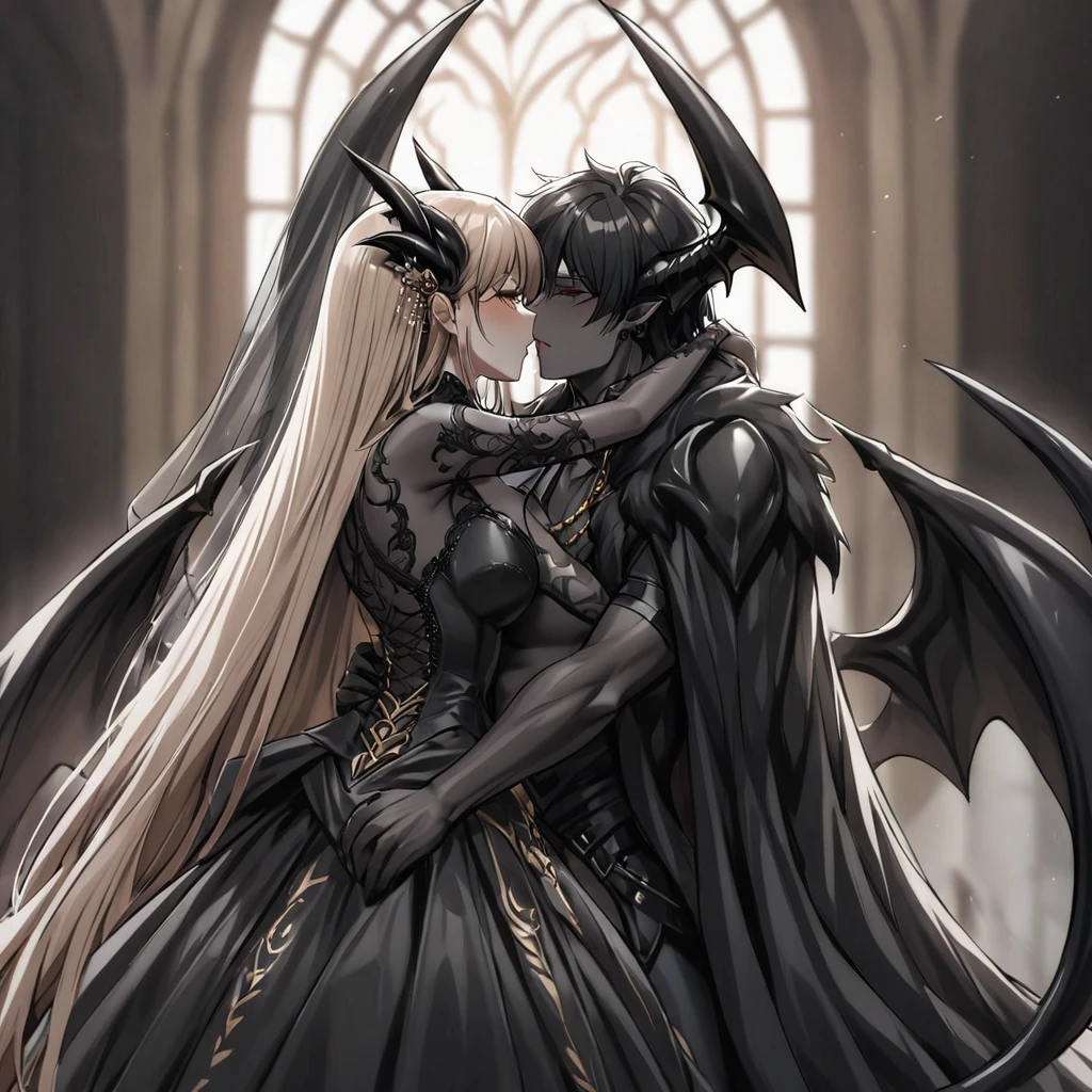 ((Highest quality)), ((masterpiece)), (detailed), （Perfect Face）、The woman is a sexy devil with jet black skin、The woman is a jet-black female demon with magnificent devil horns, jet-black devil wings, and a jet-black tail. Her skin is jet-black, and she is wearing a luxurious black Gothic Victorian wedding dress and a black wedding veil. She is embracing the dignified and powerful Great Demon King, kissing him in oath, and getting married to him. She is the jet-black demon Princess Leona, with medium-long light brown hair, a demon in both body and mind, and has the expression of a maiden in love.、The man is a dignified and powerful demon king, embracing the woman and kissing her in a wedding ceremony.