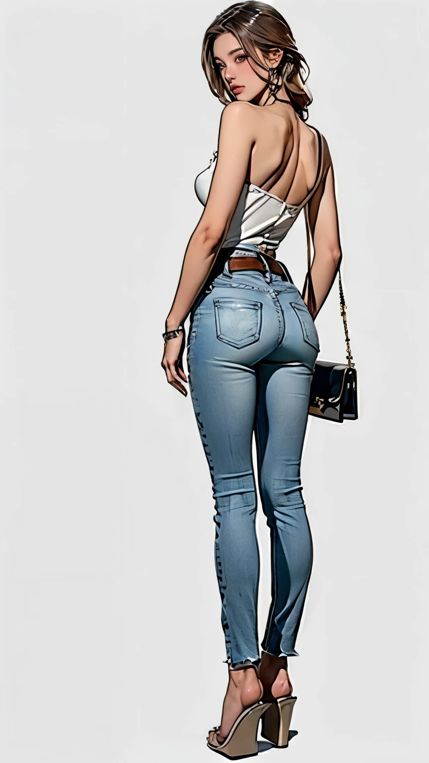 ((best quality,4K,highres,​masterpiece:1.2)),((Concept art for characters)), 1 Frau, age 17. For a casual weekend outfit, (((She wears a relaxed yet chic ensemble by Hermes. She wears a simple white silk blouse by Hermes and the iconic high-waisted, Jeans with belt))). The outfit is rounded off by a pair of comfortable Hermes Oran sandals, perfect for a relaxed weekend trip. Her accessories include a classic Hermes Evelyne shoulder bag and a stylish Hermes enamel bracelet. Despite the casual nature of her outfit, Her style exudes effortless elegance and sophistication, which is characteristic of the Hermes brand. ((Intricate detailing)), super fine detailed hands, ultra-fine detailed fingers(((ten fingers))), (stand casually), (Full Body Showcase), (Show full body), (no logos on background), (no logo), ((simple backround)), ((simple backround)), (((blank background))).