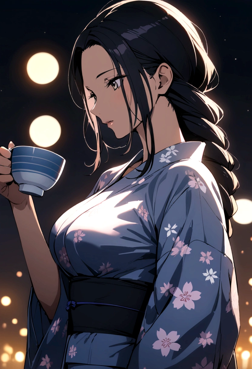 Best quality, masterpiece, Nico Robin, black hair , long braided hair, holding cup , medium breast, wearing yukata, Sakura bloosom, moonlight background