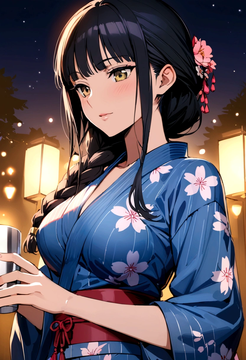 Best quality, masterpiece, Nico Robin, black hair , long braided hair, holding cup , medium breast, wearing yukata, Sakura bloosom, moonlight background