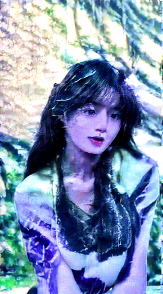 Woman: Brazilian, white with large breasts, thin and defined body, a nice ass, red lipstick on her lips, black hair with bangs on her forehead, wearing a purple bikini, her eyes are green

Time: Afternoon, with the sun starting to set.

Location: Beach with tall, leafy coconut trees swaying in the gentle breeze.

Sky: Gradient from light blue to purple, with some thin white clouds.

Style: Photographic realistic, with a focus on details and natural afternoon lighting.