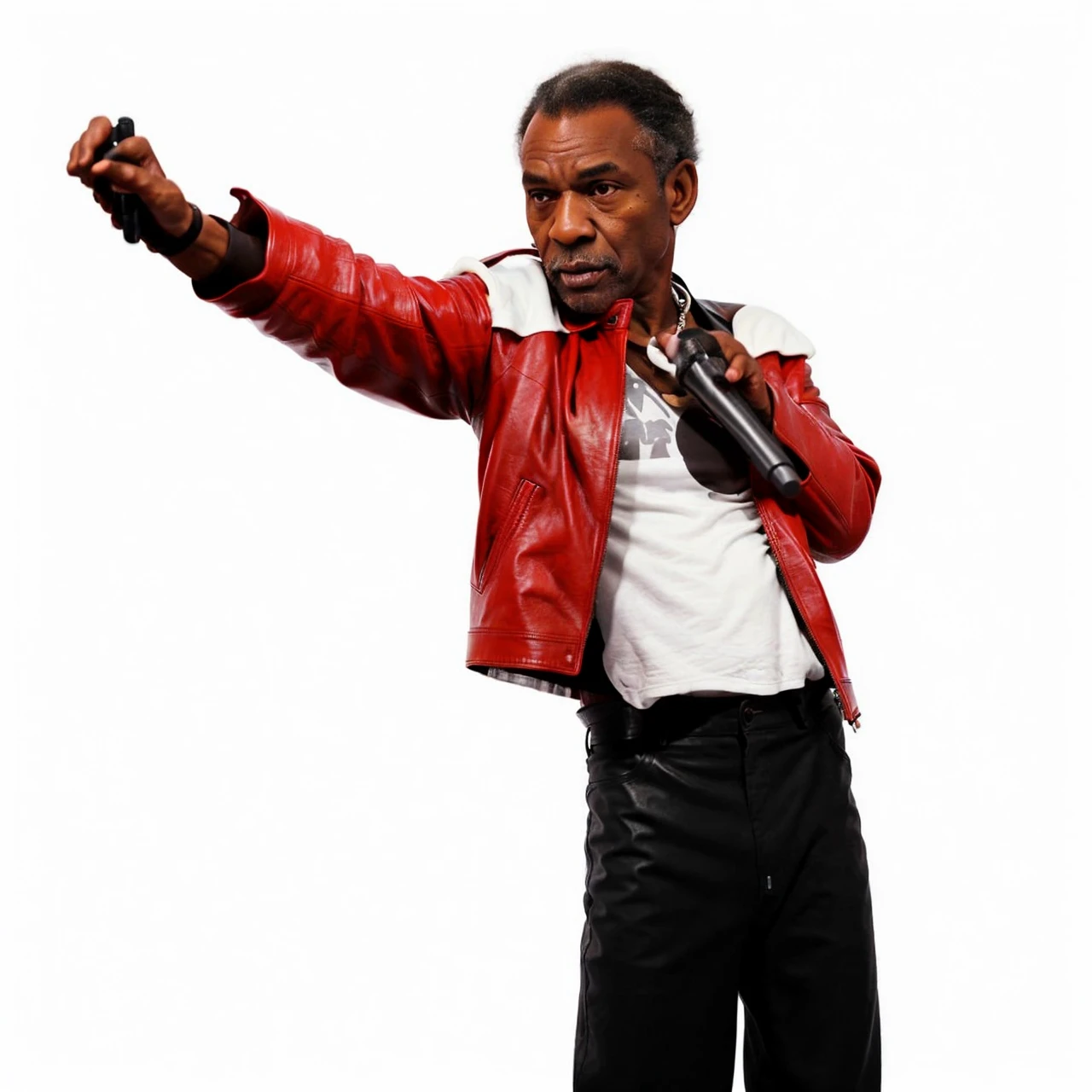 A Old Black man with grey receding hair line looking to left and wearing a red leather jacket with White Shoulder and wearing a Black pants and Standing on Floor And Holding a microphone and With Hand raised