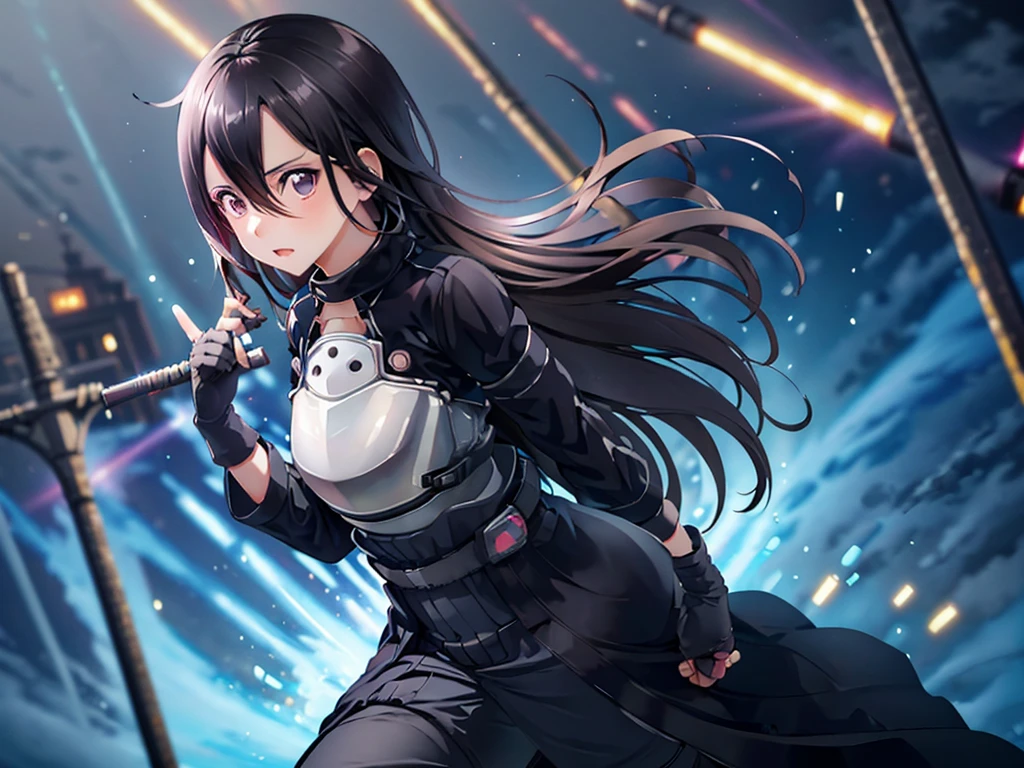 1 girl, cowboy shot, beautiful Kirito_GMOs, long hair, black hair, black eyes, on open air, Kirito_suit, night,city , volumetric lighting, Best quality, masterpiece, complex parts, tone mapping, sharp focus, hyper detailed, trending on artstation