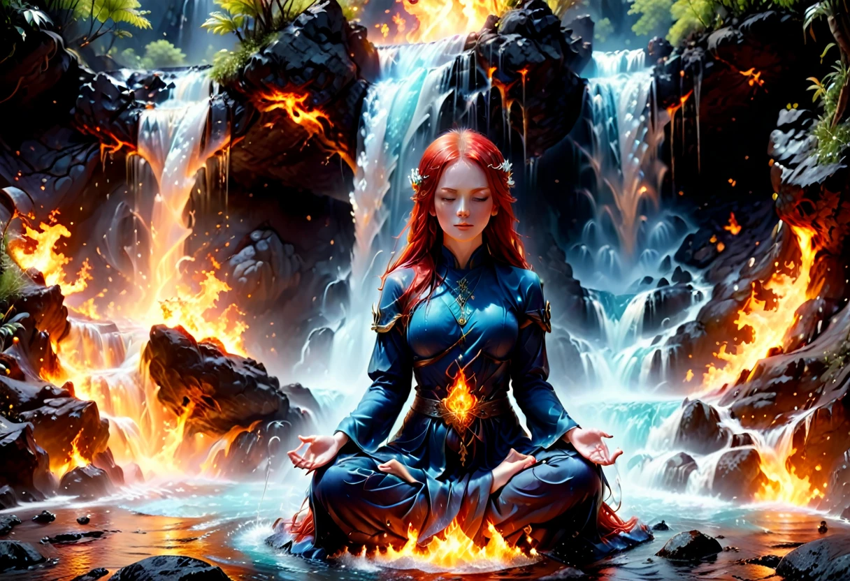 a picture of a (female monk: 1.2) sitting and meditating near a waterfall, at the base of the waterfall,  there is a human woman monk wearing monk garbs, meditating near a bonfire near an (epic sized waterfall: 1.3), red hair, long hair, full body (best details, Masterpiece, best quality :1.5), ultra detailed face (best details, Masterpiece, best quality :1.5), ultra feminine (best details, Masterpiece, best quality :1.5), exquisite beautiful (best details, Masterpiece, best quality :1.5) red hair, long hair, wavy hair, pale skin, blue eyes, intense eyes, water coming down from a volcanic cliff, multi level water falls, several pools created in different levels, forming new waterfalls, water cascading into a (large lava pool: 1.3) steam rising, clear water in many hues of blue and azure, fantasy art, photorealistic, D&D art, ultra best realistic, best details, best quality, 16k, [ultra detailed], masterpiece, best quality, (extremely detailed), ultra wide shot, photorealism, depth of field, hyper realistic painting, faize, perfecteyes, drkfntasy