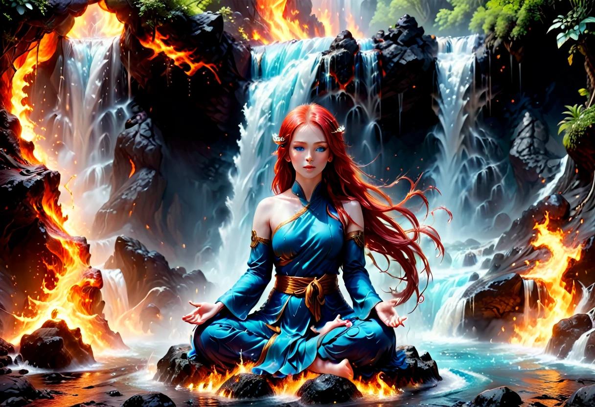 a picture of a (female monk: 1.2) sitting and meditating near a waterfall, at the base of the waterfall,  there is a human woman monk wearing monk garbs, meditating near a bonfire near an (epic sized waterfall: 1.3), red hair, long hair, full body (best details, Masterpiece, best quality :1.5), ultra detailed face (best details, Masterpiece, best quality :1.5), ultra feminine (best details, Masterpiece, best quality :1.5), exquisite beautiful (best details, Masterpiece, best quality :1.5) red hair, long hair, wavy hair, pale skin, blue eyes, intense eyes, water coming down from a volcanic cliff, multi level water falls, several pools created in different levels, forming new waterfalls, water cascading into a (large lava pool: 1.3) steam rising, clear water in many hues of blue and azure, fantasy art, photorealistic, D&D art, ultra best realistic, best details, best quality, 16k, [ultra detailed], masterpiece, best quality, (extremely detailed), ultra wide shot, photorealism, depth of field, hyper realistic painting, faize, perfecteyes, drkfntasy