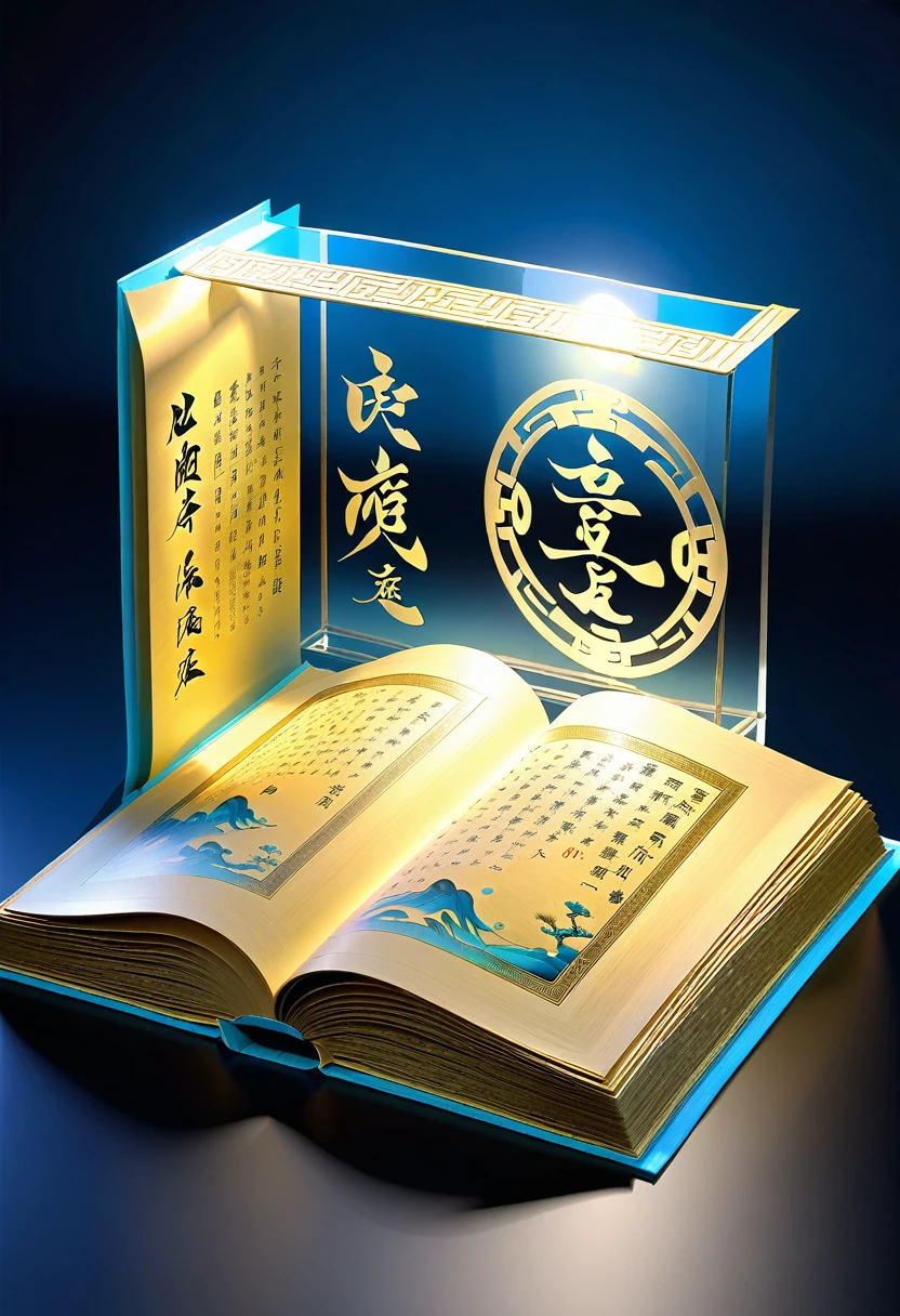 An unrolled ancient Chinese rice paper book, opened and placed, glass material, written with Chinese characters in gold, transparent, light blue, white, light gold, C4D, OC renderer, dreamlike, combined with the sense of the ancient and the future, three-dimensional ancient, bioluminescent, a beam of light, three-dimensional ancient, romantic ancient, light yellow, clean background, Zhao Wuji, Clear particles, clear light and shadow, real and virtual fields, ultra-high resolution, the overall composition is very artistic and spatial --ar 3:4