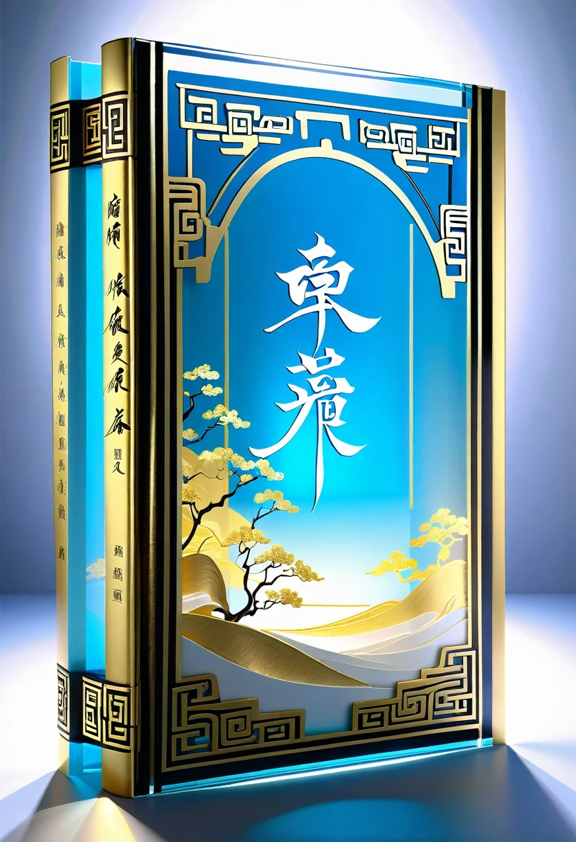 An unrolled ancient Chinese rice paper book, opened and placed, glass material, written with Chinese characters in gold, transparent, light blue, white, light gold, C4D, OC renderer, dreamlike, combined with the sense of the ancient and the future, three-dimensional ancient, bioluminescent, a beam of light, three-dimensional ancient, romantic ancient, light yellow, clean background, Zhao Wuji, Clear particles, clear light and shadow, real and virtual fields, ultra-high resolution, the overall composition is very artistic and spatial --ar 3:4