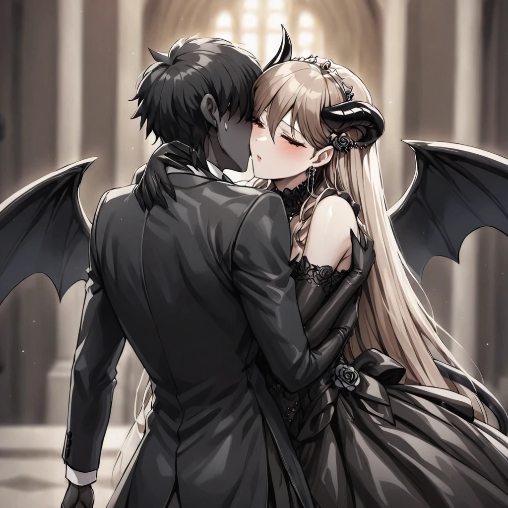 ((Highest quality)), ((masterpiece)), (detailed), (Perfect Face)、The woman is a sexy devil with jet black skin、The woman is a jet-black female demon with magnificent devil horns, jet-black devil wings, and a jet-black tail. Her skin is jet-black, and she is wearing a luxurious black Gothic Victorian wedding dress and a black wedding veil. She is embracing the dignified and powerful Great Demon King, kissing him in oath, and getting married to him. She is the jet-black demon Princess Leona, with medium-long light brown hair, a demon in both body and mind, and has the expression of a maiden in love.、The man is a dignified and powerful demon king, embracing the woman and kissing her in a wedding ceremony.