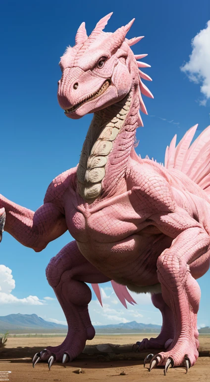 a pink Indominus Rex, pink dinosaur, pink dinosaur feathers, hyper realistic, highly detailed, 8k,