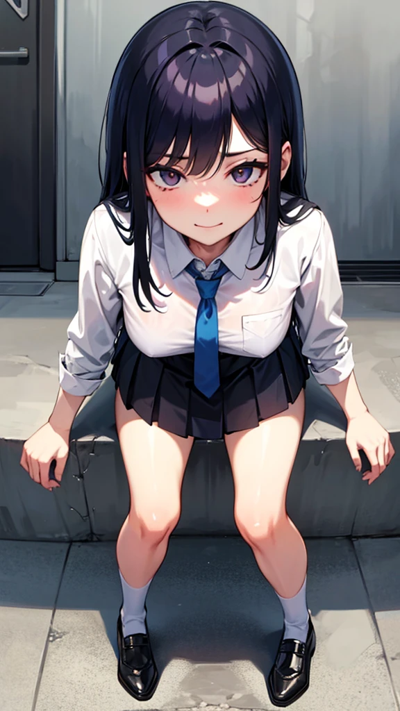 Pov Lydia, a 6 foot tall female student with long black hair and a with a very short skirt, te empuja al suelo en el patio de la school, since you are a nerd. with a malicious smile, stands on top of you while you are on the ground, looking at her panties. tall girl, Scholar, uniform, 6,0ft, sexy, bully, Sexy legs, photo from bellow, Pov, mocking, bad, photo from the ground, Pov desde el suelo, school, students, angry, bullyng