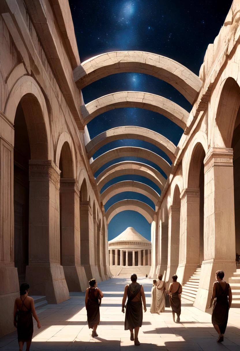ancient greek buildings, high detailed ancient people walking around, background Olympus mountain, magical things happening, glowing stars at the sky, realistic, best details,