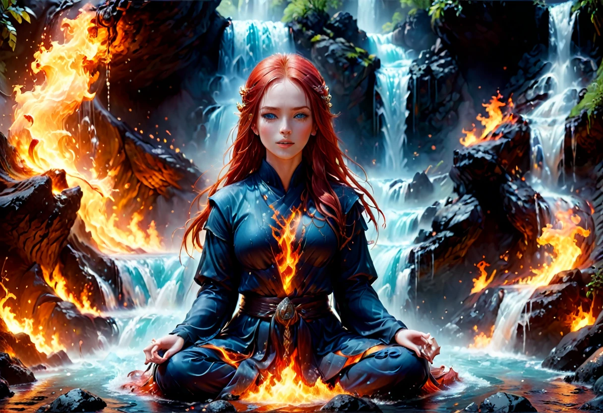 a picture of a (female monk: 1.2) sitting and meditating near a waterfall, at the base of the waterfall,  there is a human woman monk wearing monk garbs, meditating near a bonfire near an (epic sized waterfall: 1.3), red hair, long hair, full body (best details, Masterpiece, best quality :1.5), ultra detailed face (best details, Masterpiece, best quality :1.5), ultra feminine (best details, Masterpiece, best quality :1.5), exquisite beautiful (best details, Masterpiece, best quality :1.5) red hair, long hair, wavy hair, pale skin, blue eyes, intense eyes, water coming down from a volcanic cliff, multi level water falls, several pools created in different levels, forming new waterfalls, water cascading into a (large lava pool: 1.3) steam rising, clear water in many hues of blue and azure, fantasy art, photorealistic, D&D art, ultra best realistic, best details, best quality, 16k, [ultra detailed], masterpiece, best quality, (extremely detailed), ultra wide shot, photorealism, depth of field, hyper realistic painting, faize, perfecteyes, drkfntasy